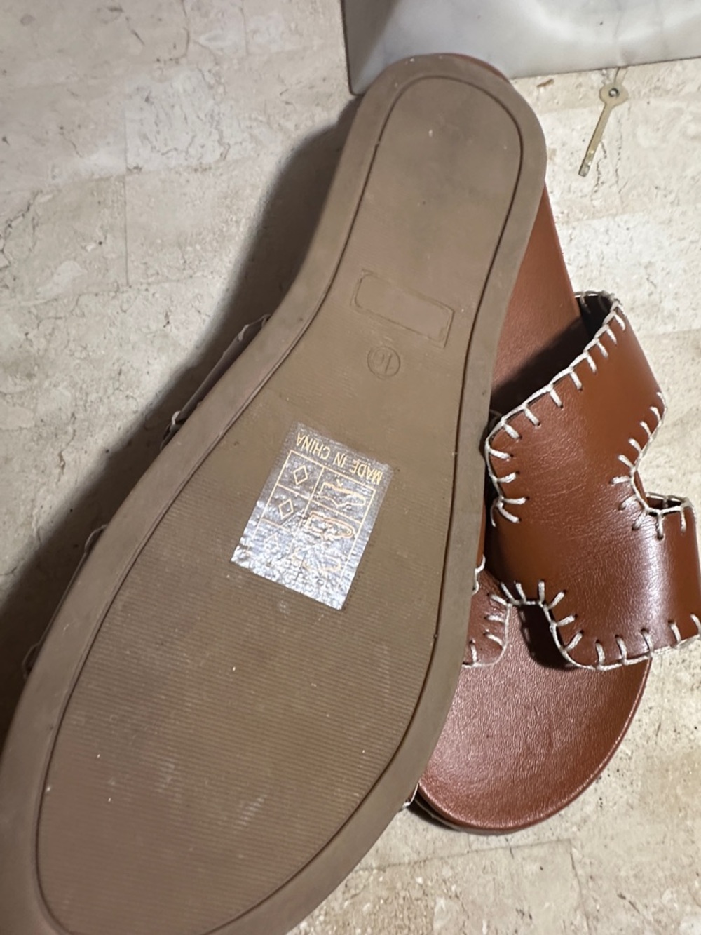 Brown Leather Slide Sandals with Contrast Stitching - Picture 2 of 3